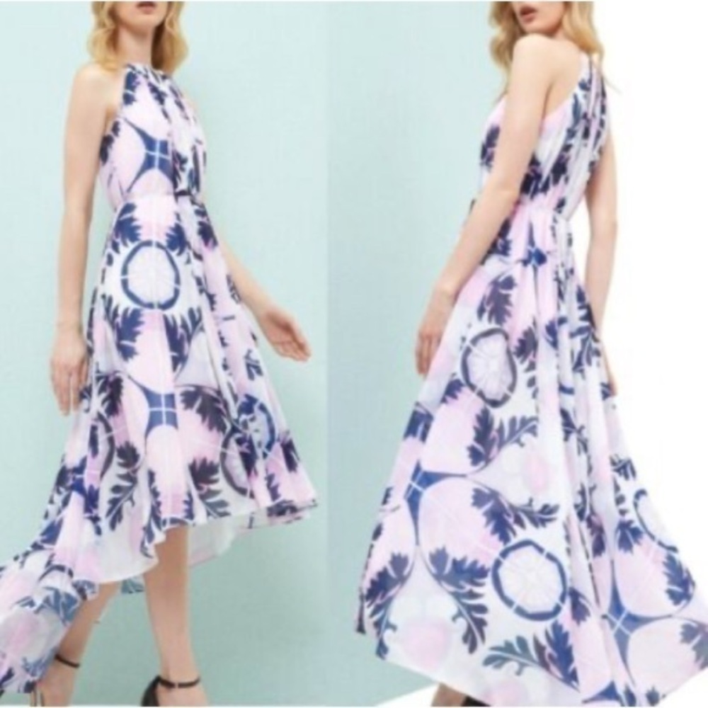Ted Baker Dress Haree High Low Chiffon in Pink Blue